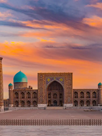 Historic city famous for Registan Square, Shah-i-Zinda necropolis, and Gur-e-Amir mausoleum.