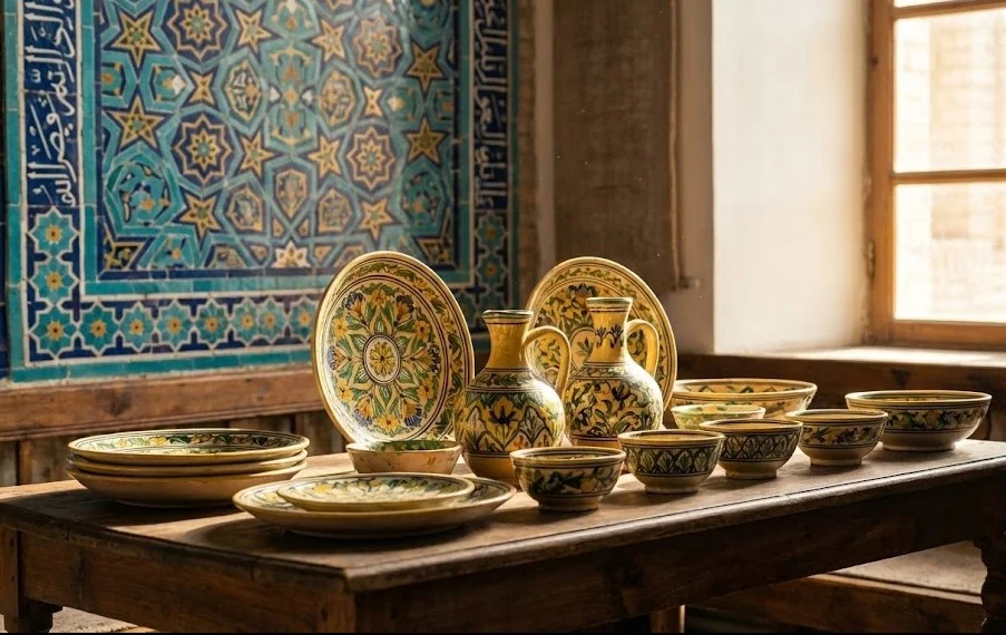 Traditional Uzbek ceramics in an artisan workshop, highlighting pottery craftsmanship on an art and craft tour in Uzbekistan