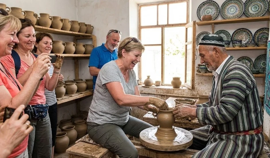 Travelers interacting with a local Uzbek potter in a traditional ceramics workshop, experiencing Uzbekistan’s art and craft heritage