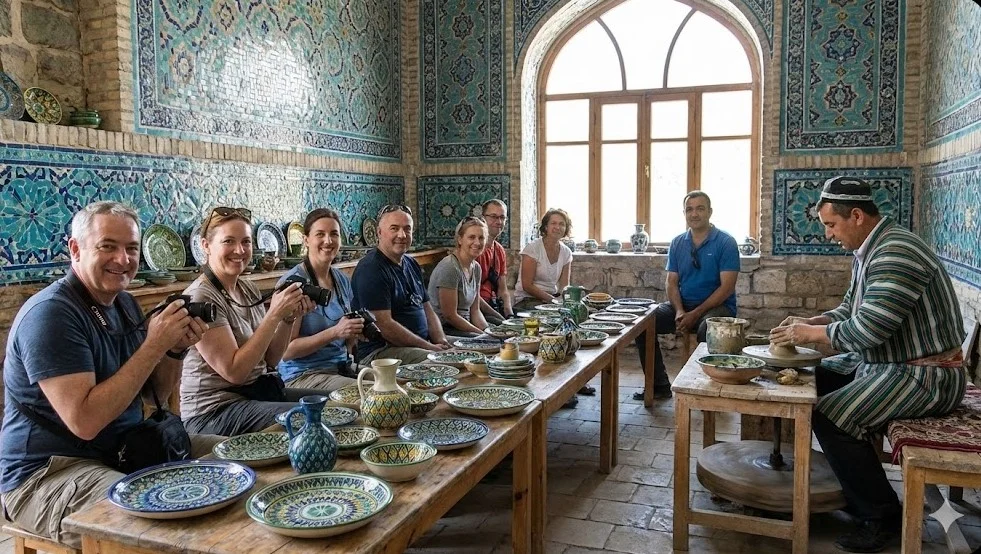 Visitors at a traditional Uzbek ceramics workshop observing local artisans and handmade pottery during an art and craft tour in Uzbekistan